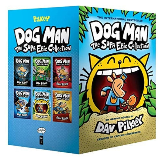 Dog Man book collection box set with colorful covers and blue border