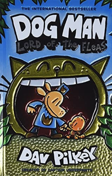Book cover of 'Dog Man: Lord of the Fleas' by Dav Pilkey with a cartoon dog and cat design.