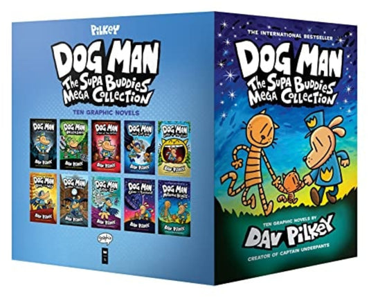 Dog Man graphic novel collection box set with character illustrations on a blue background