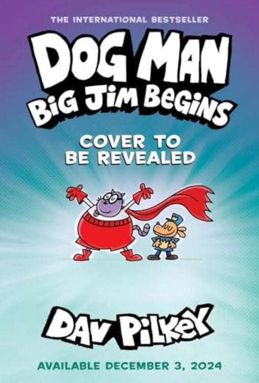 Promotional image for 'Dog Man: Big Jim Begins' by Dav Pilkey with a cartoon character and text on a blue and purple gradient background.