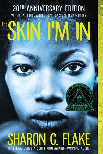 Book cover of 'The Skin I'm In' with a face and logo, featuring Sharon G. Flake's name.