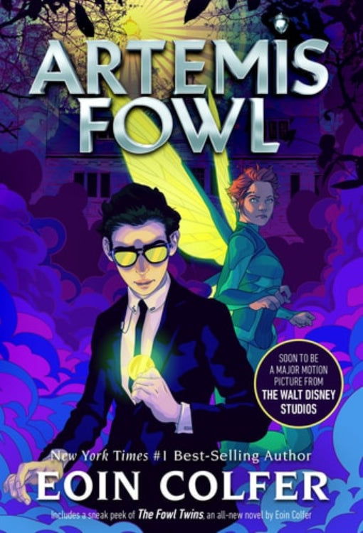 Cover of the book 'Artemis Fowl' by Eoin Colfer, featuring an illustration of a young boy in a suit with fairies in the background.
