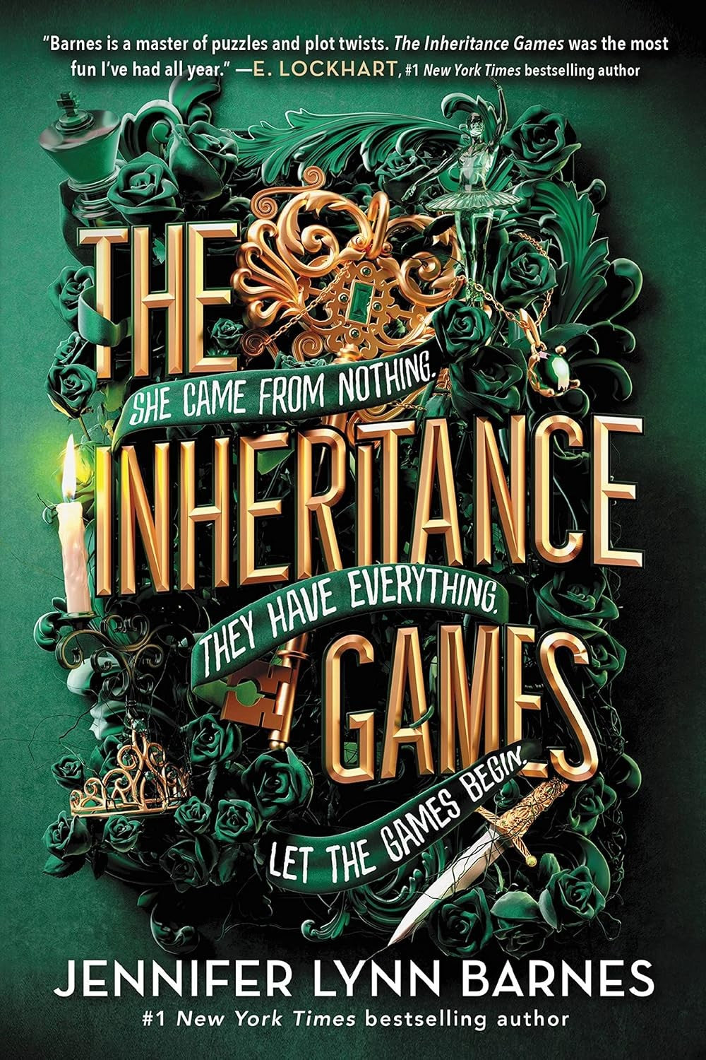 Book cover of 'The Inheritance Games' by Jennifer Lynn Barnes, with ornate text and decorative elements on a dark green background.