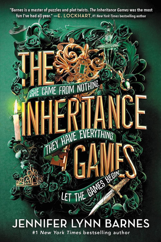 Book cover of 'The Inheritance Games' by Jennifer Lynn Barnes, with ornate text and decorative elements on a dark green background.