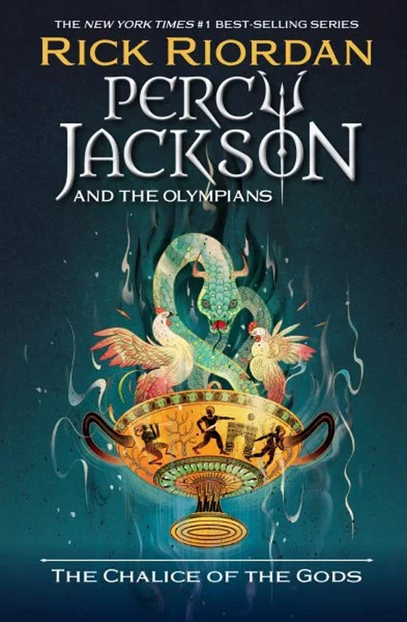 Book front cover of 'Percy Jackson & the Olympians: The Chalice of the Gods [Hardcover Edition | ISBN: 9781368098267]' by Rick Riordan, featuring a mythological chalice with a serpent arising front the chalice and other mythological and fantasy elements.
