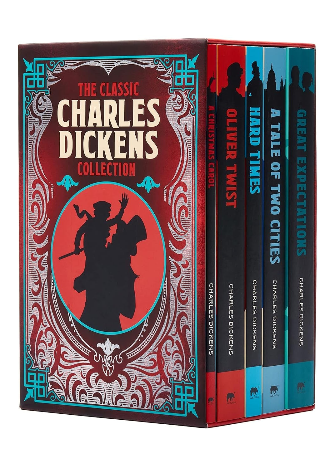 A boxed set of Charles Dickens' classic novels, including 'Oliver Twist', 'A Christmas Carol', 'Hard Times', 'A Tale of Two Cities', 'Great Expectations', and 'Northanger Abbey', with a contemporary design on the cover.