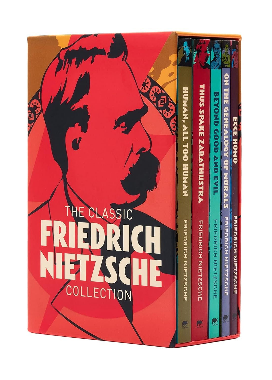 A 5-book box set of Friedrich Nietzsche's classic works, with contemporary cover designs, displayed in a vertical orientation.