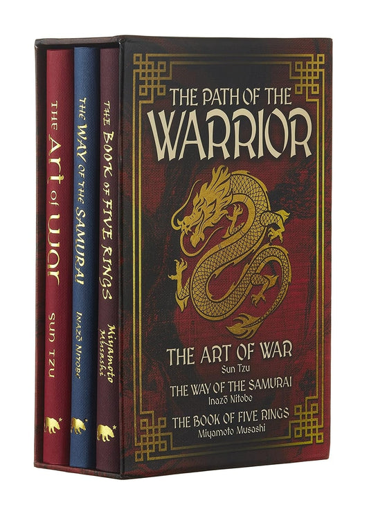 A box set of three books with the titles 'The Art of War', 'The Book of Five Rings', and 'The Way of the Samurai', featuring a golden dragon on the cover.