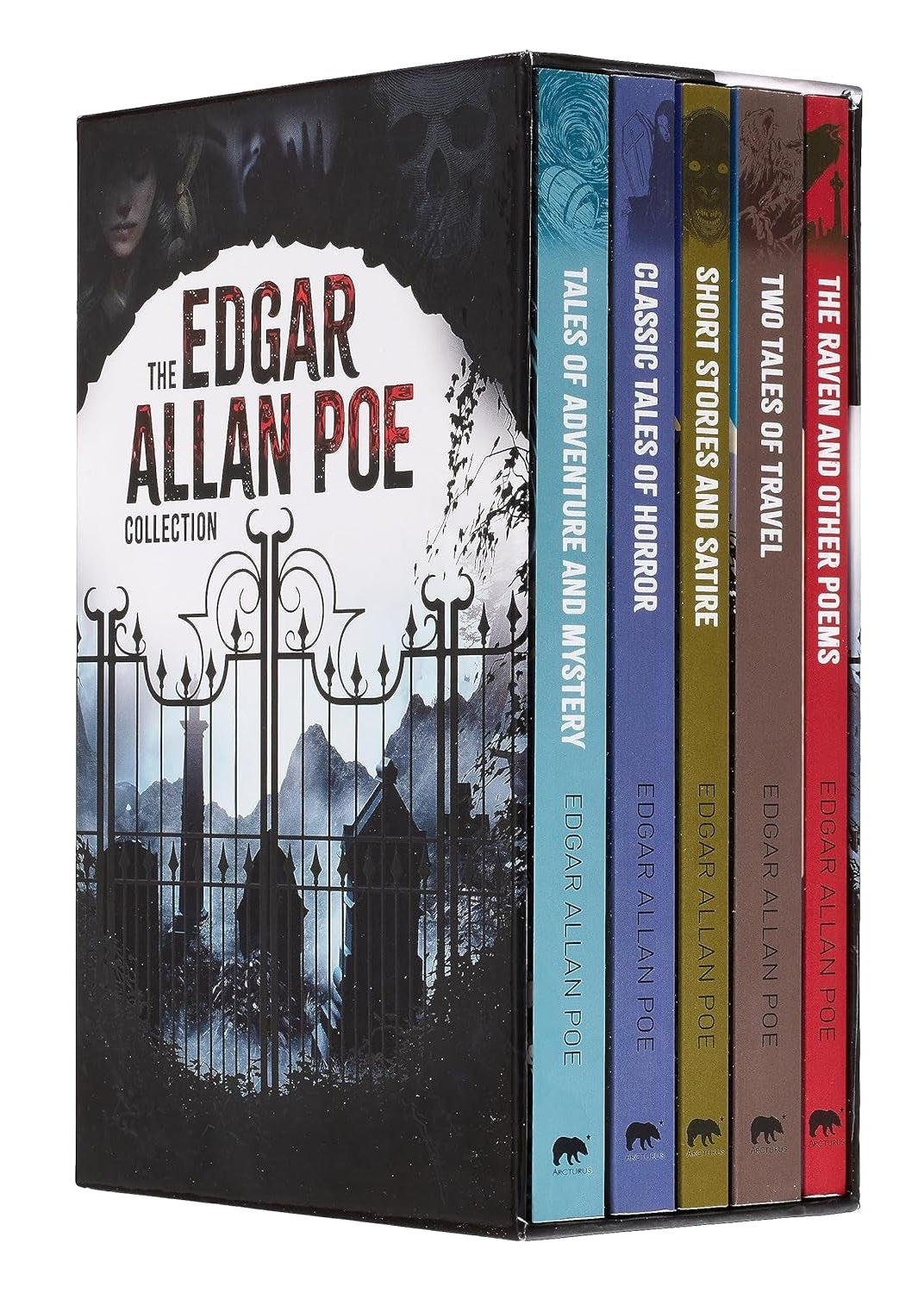 A 5-book boxed set of Edgar Allan Poe's works, with each book having a different color cover, and the set displayed in a vertical orientation.