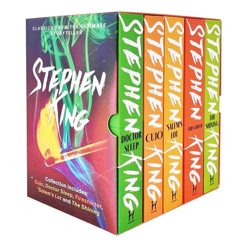 A boxed set of five Stephen King books, featuring colorful spines on the novels with the title and author's name displayed in a creative styling and fashion for King's classic thriller and suspense books and novels collectors.