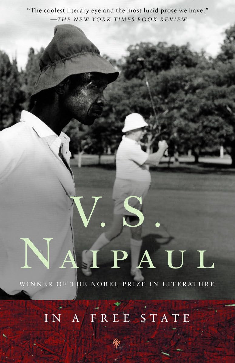 Book cover of 'In a Free State' by V.S. Naipaul with a black and white photo of two people on a golf course.