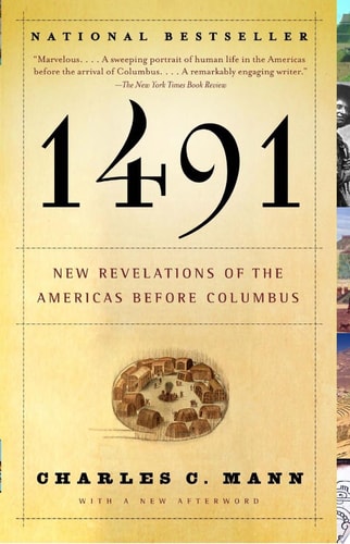 Book cover of '1491' by Charles C. Mann with text and map illustration.