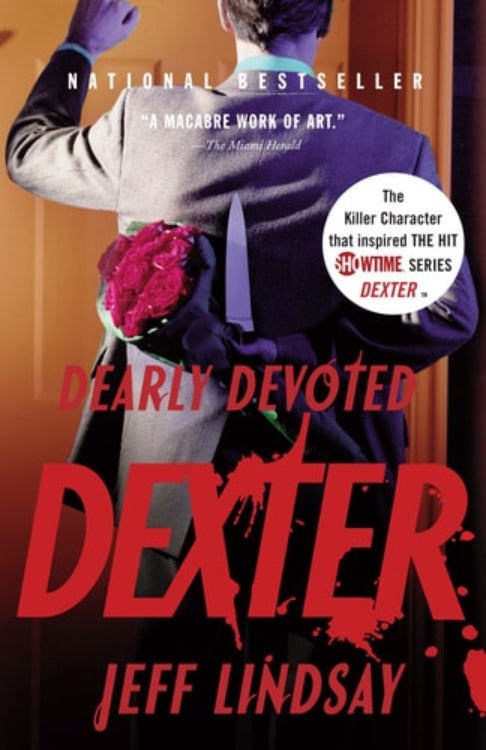 The cover of the book 'Dearly Devoted Dexter' by Jeff Lindsay features a man in a suit holding a red rose, with the title and author name prominently displayed.