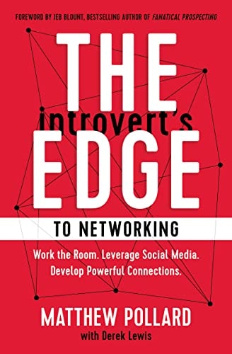 The cover of the book 'The Introvert's Edge to Networking' by Matthew Pollard, featuring a red background with white and black text, and graphics of a network connection.