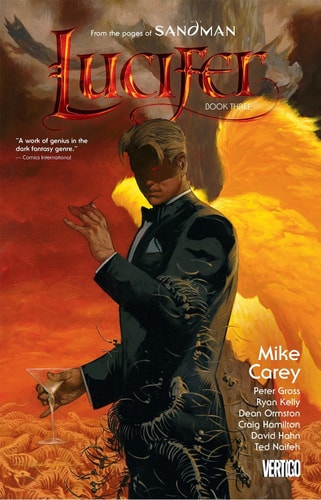 Comic book cover of 'Lucifer' with a character holding a drink against an orange and red background.