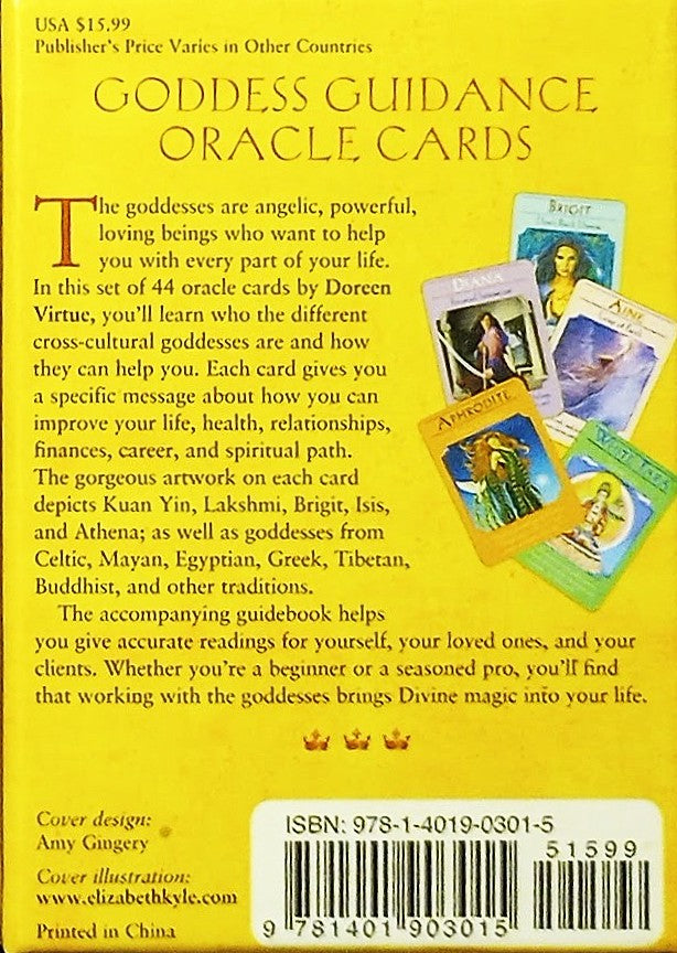 Box for guidebook and 44-card tarot deck, back cover of 'Goddess Guidance Oracle Cards' with text and images of the cards.