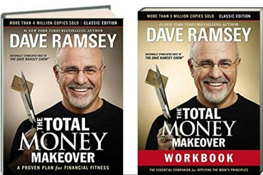 Image shows two books by Dave Ramsey, 'The Total Money Makeover' and 'The Total Money Makeover Workbook', with the author's face on both covers.