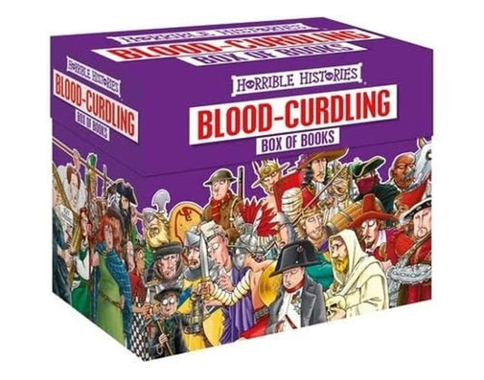 Box of 'Horrible Histories Blood-Curdling' books with colorful illustrations on a white background