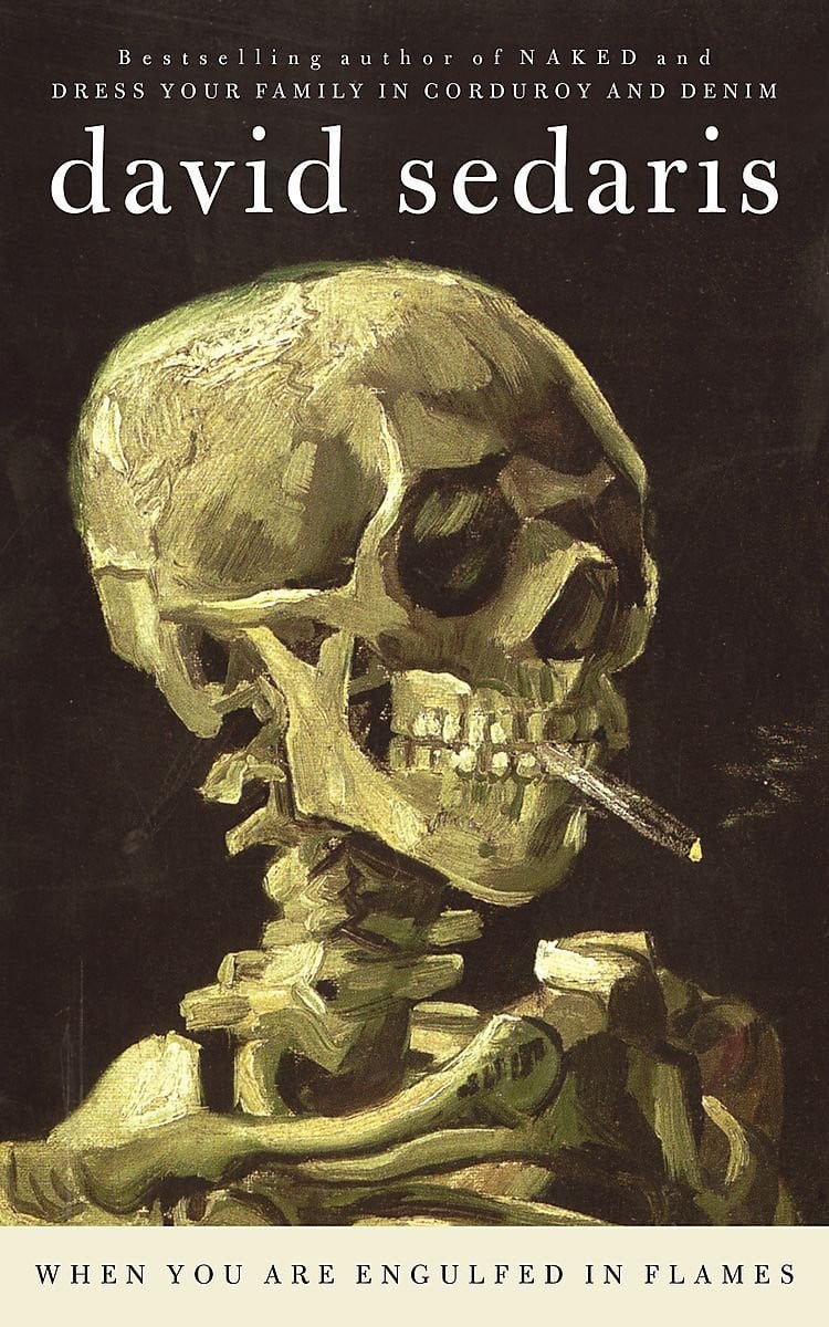 Book cover with a skeleton smoking a cigarette on a dark background, featuring the author David Sedaris.