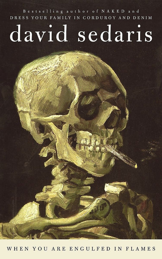 Book cover with a skeleton smoking a cigarette on a dark background, featuring the author David Sedaris.