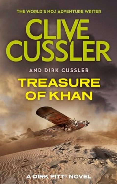 Book cover of 'Treasure of Khan' featuring author Clive Cussler, with an image of an old airplane in a desert setting, hinting at an adventure story.