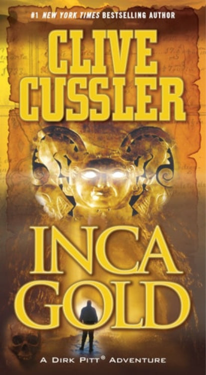 Book cover of 'Inca Gold: A Dirk Pitt Adventure' by Clive Cussler featuring an image of a golden Inca mask and the title text.