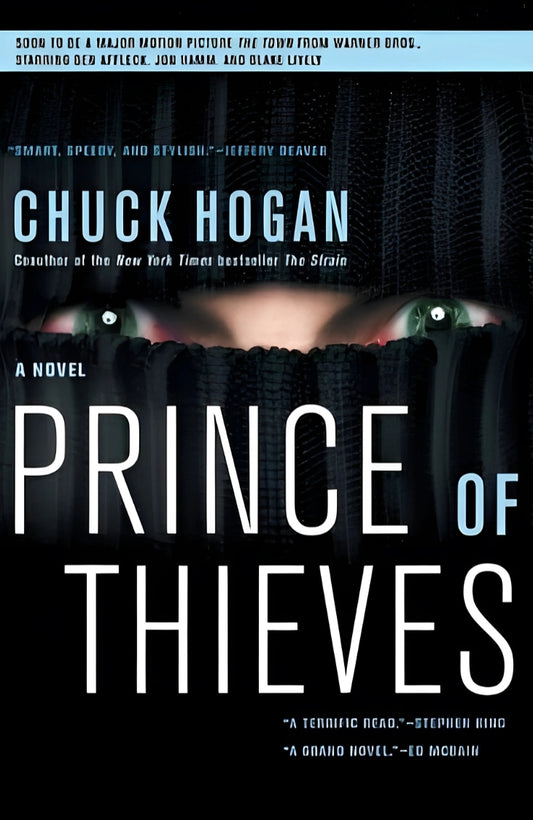 The cover of the novel 'Prince of Thieves' by Chuck Hogan featuring a dark, moody image of a person's face partially visible behind bars, setting a suspenseful tone.