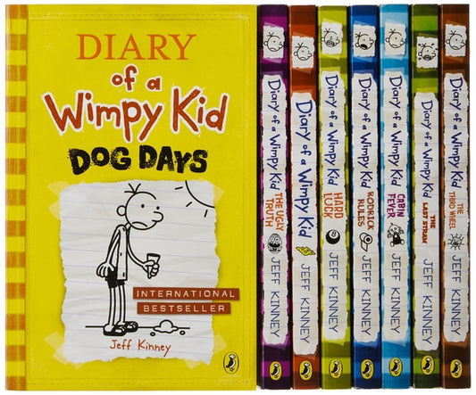 Set of 'Diary of a Wimpy Kid Book Box Set: Books 1-8 + The Do-It-Yourself Book' by Jeff Kinney books by Jeff Kinney with the yellow cover book on the left.