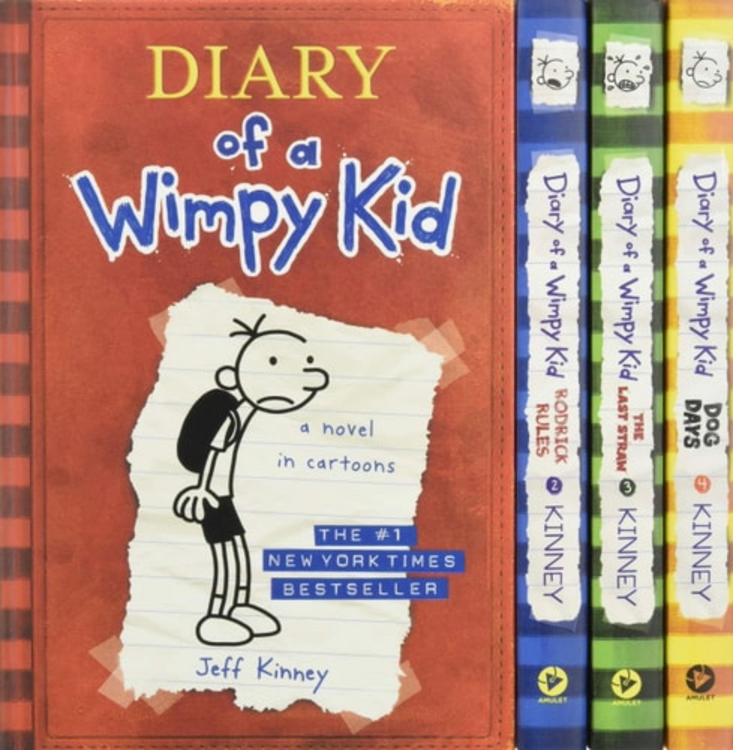 A boxed set of 'Diary of a Wimpy Kid [Books 1-4]: Book Box Set Collection | Jeff Kinney' books, displaying the covers of books 1-4 in the series.