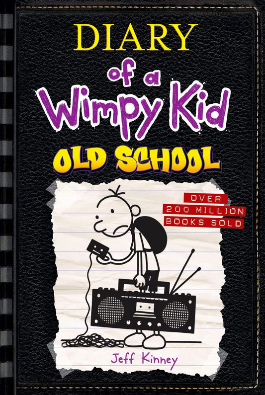 Cover of 'Old School [Book-10]: Diary of a Wimpy Kid' by Jeff Kinney, featuring a cartoon of a kid writing in a school notebook with a radio beside him.
