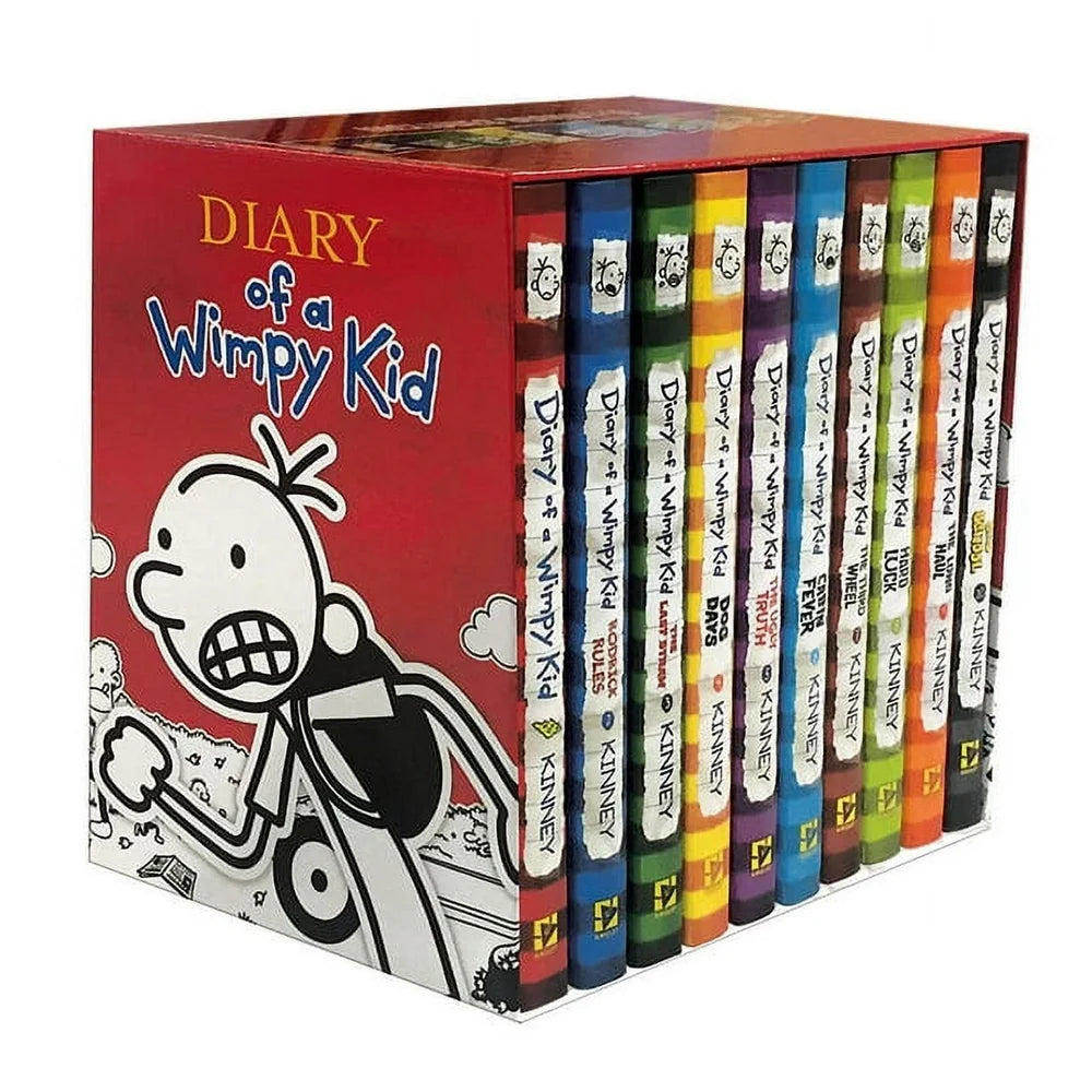 A boxed set of the 'Diary of a Wimpy Kid' series books by Jeff Kinney, featuring colorful spine labels with the title and author's name.