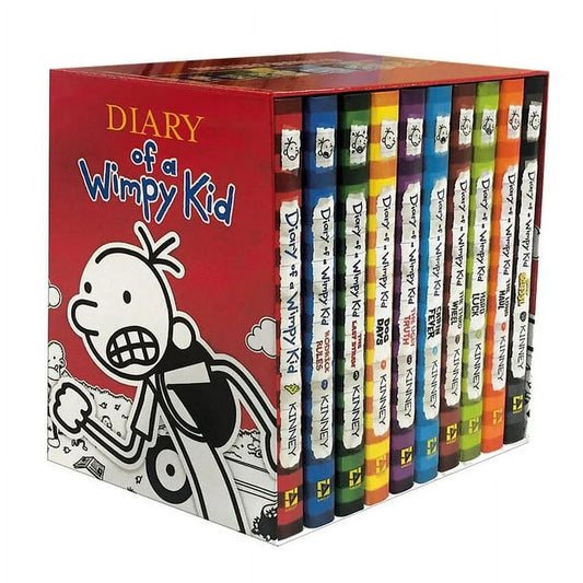 A boxed set of the 'Diary of a Wimpy Kid' series books by Jeff Kinney, featuring colorful spine labels with the title and author's name.