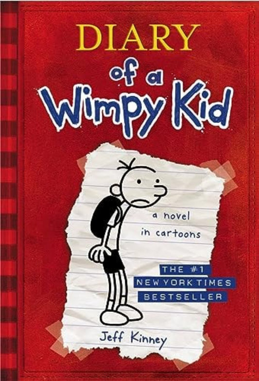Cover of 'Diary of a Wimpy Kid [Book-1]: Diary of a Wimpy Kid by Jeff Kinney' featuring cartoon-style illustrations of the young boy Greg Heffley as a cartoon character on a red background.
