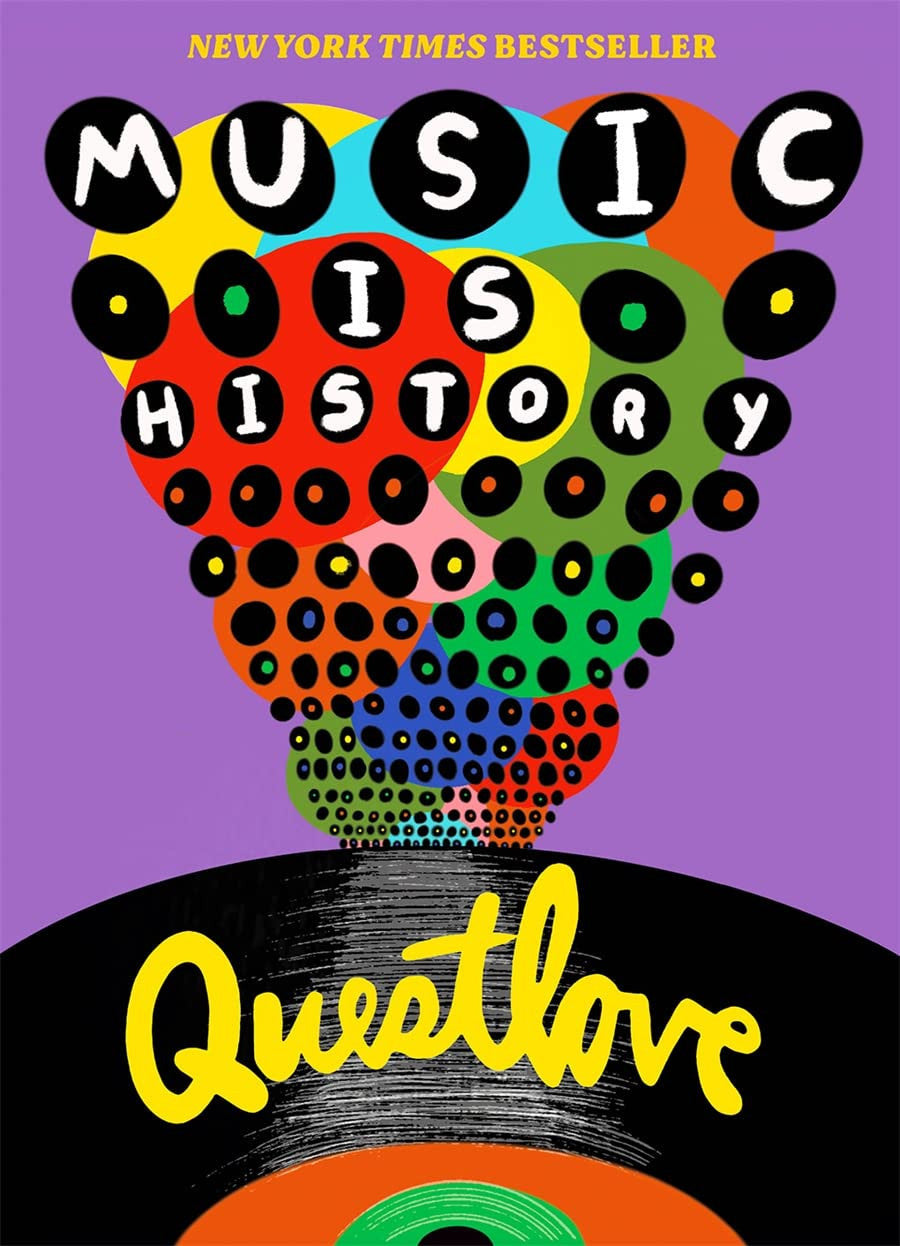 Book cover of 'Music is History' by Questlove with colorful design and record on purple background