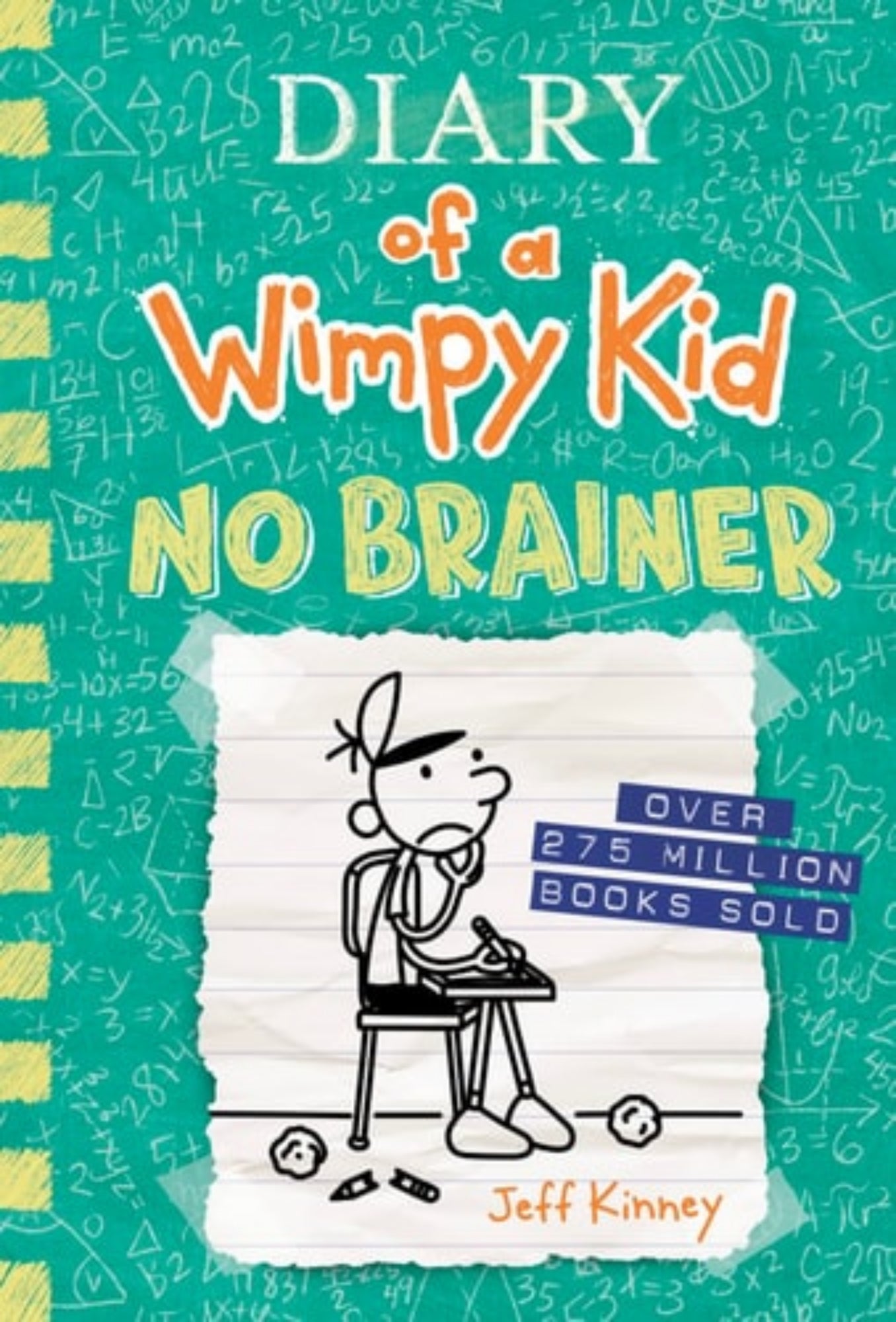 Book cover of "No Brainer [Book-18]: Diary of a Wimpy Kid' by Jeff Kinney with a green background and text.