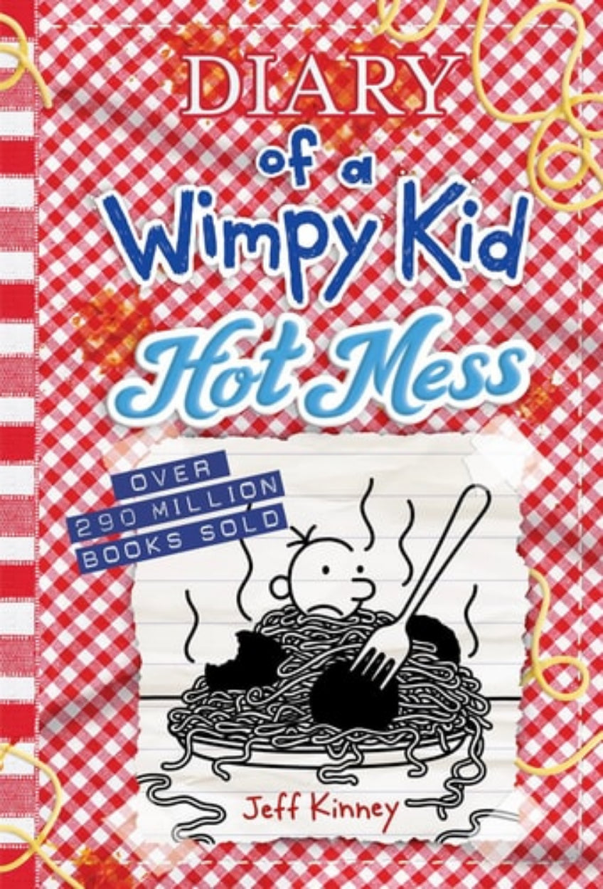 Cover of 'Hot Mess (Diary of a Wimpy Kid Book 19)' by Jeff Kinney, featuring a cartoon of a character drawing a mess with a title and author's name, Jeff Kinney.