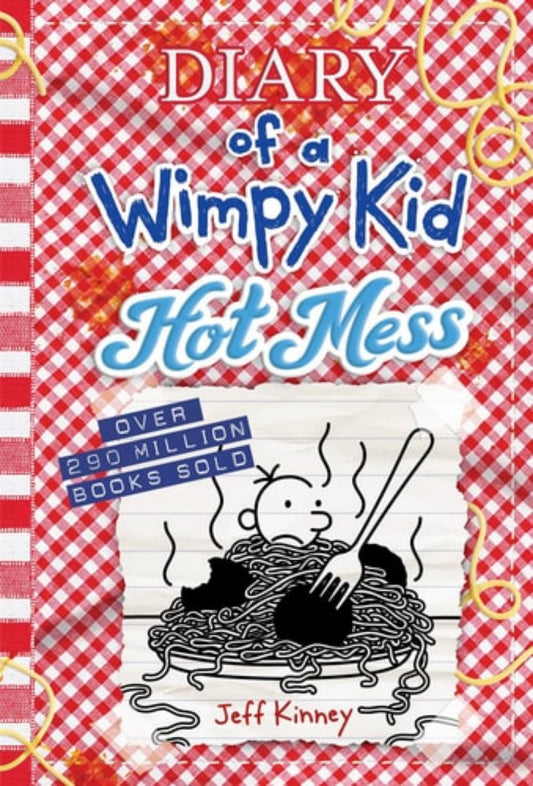 Cover of 'Hot Mess (Diary of a Wimpy Kid Book 19)' by Jeff Kinney, featuring a cartoon of a character drawing a mess with a title and author's name, Jeff Kinney.