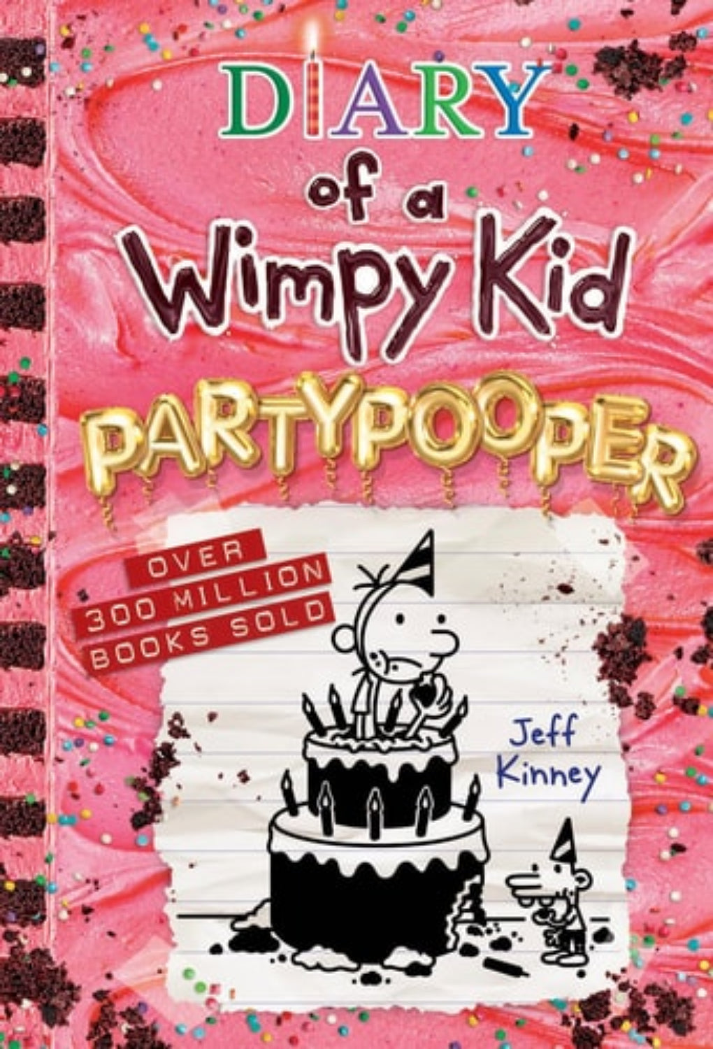Book cover of 'Partypooper: Diary of a Wimpy Kid' by Jeff Kinney with a pink background and birthday cake illustration.