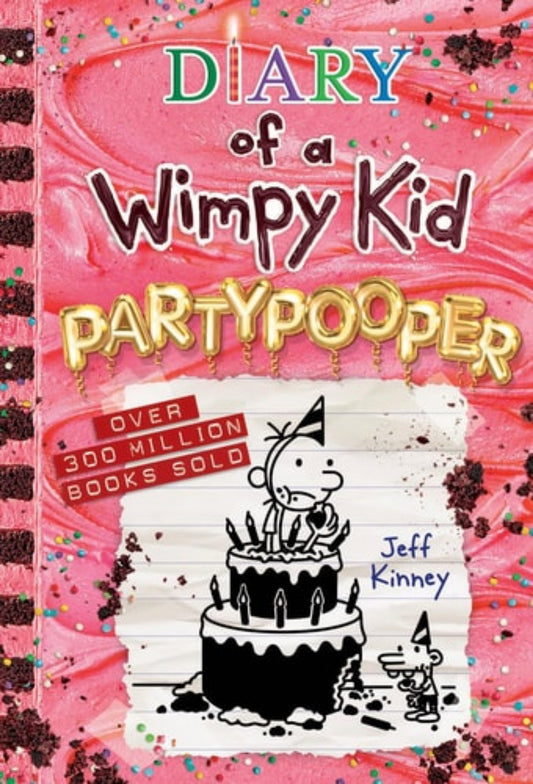 Book cover of 'Partypooper: Diary of a Wimpy Kid' by Jeff Kinney with a pink background and birthday cake illustration.
