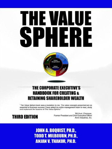 Book cover of 'The Value Sphere' with a blue border and circular diagram on a white background. Value Sphere The Corporate Executive's Handbook for Creating and Retaining Shareholder Wealth: Third Edition by John A. Boquist, Anjan Thakor and Todd Milbourn.