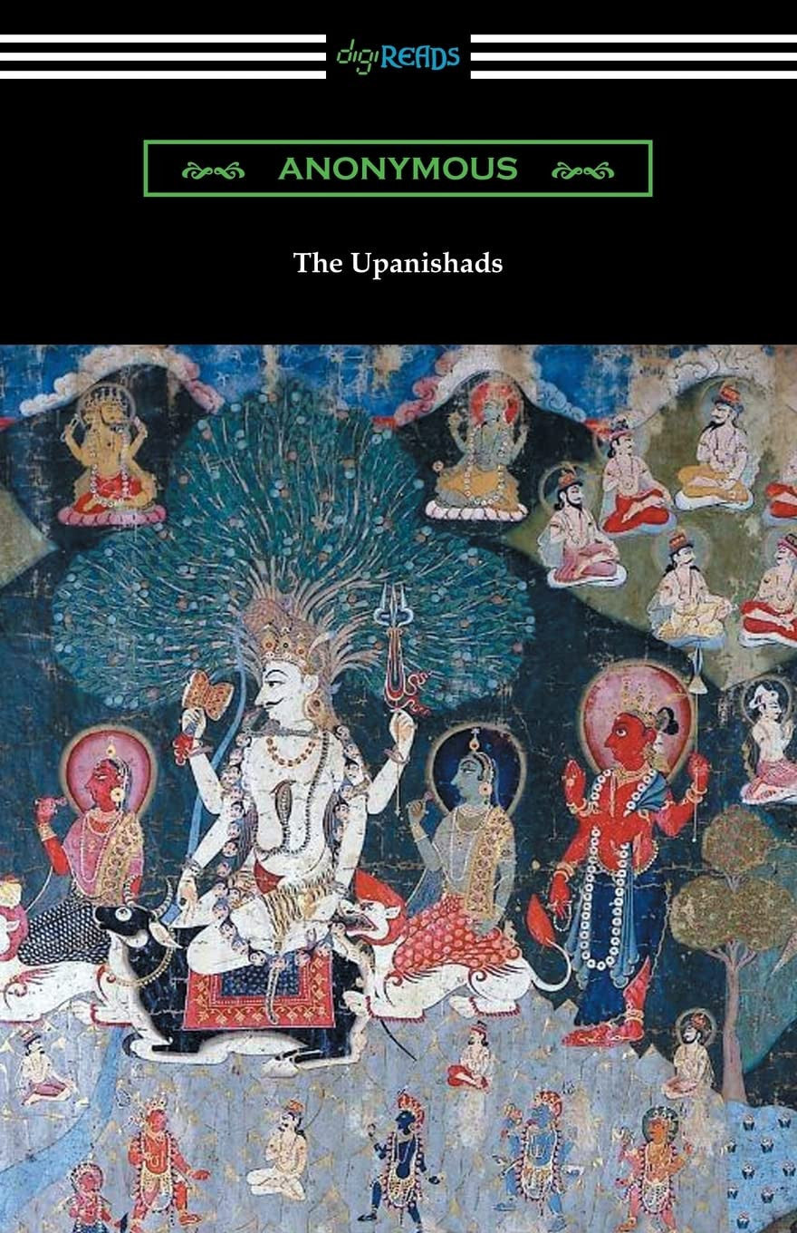 Book cover of 'The Upanishads' with colorful religious illustrations on a black background