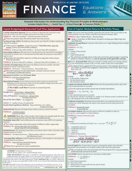A financial equations rapid reference chart with panels detailing different financial topics such as capital budgeting, cost of capital, and financial forecasting. It includes equations and answers to study questions.