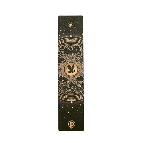 Decorative black and gold bookmark with celestial design on a white background