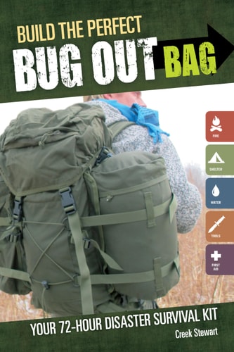 Book cover of 'Build the Perfect Bug Out Bag' with a person carrying a backpack.