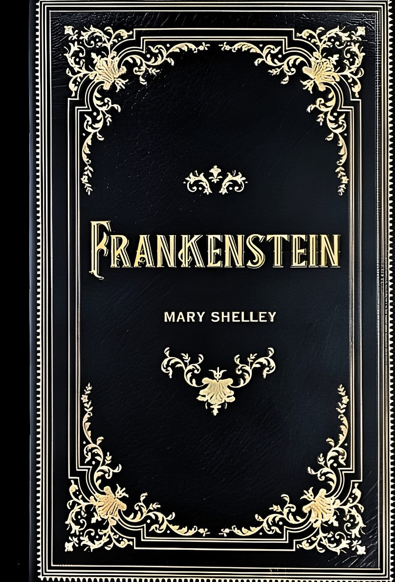Book cover of Frankenstein by Mary Shelley with decorative gold elements on a black background
