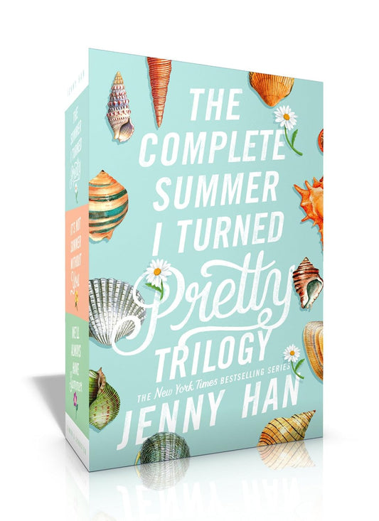 Book box set titled 'The Complete Summer I Turned Pretty Trilogy' by Jenny Han with shell and flower designs on a light blue background.
