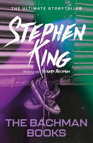 This image features the cover of "The Bachman Books," a collection of three suspenseful stories by the renowned author Stephen King. The cover art is striking with its bold, purple background and prominently displayed text in white and pink hues, highlighting the author's name and the title of the book.