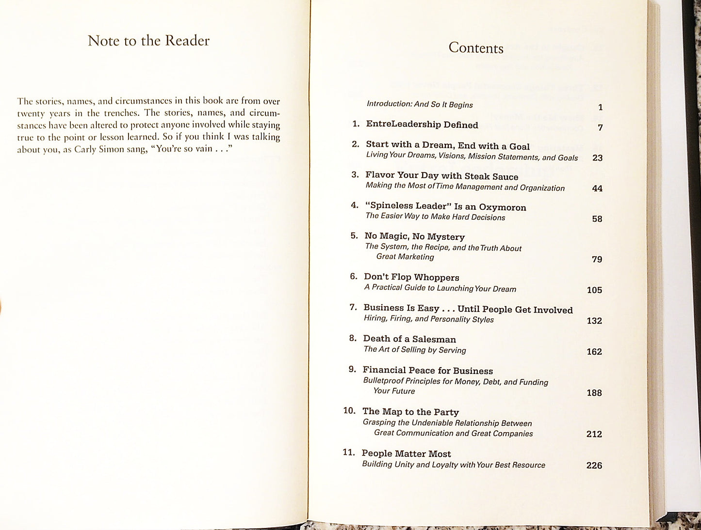 Table of contents page of a book with text and chapter numbers.
