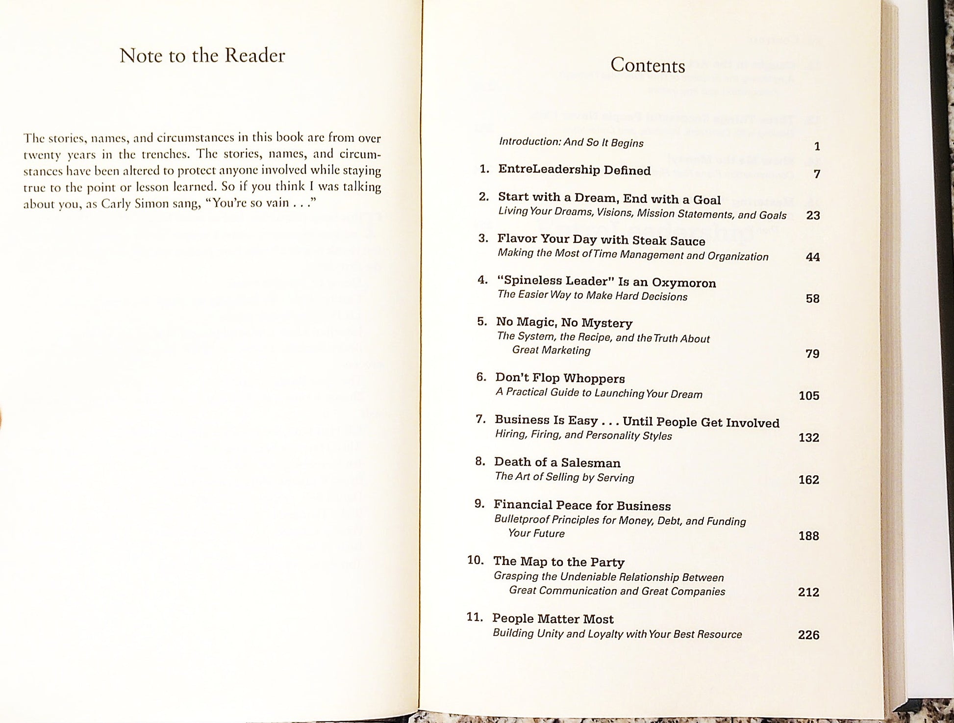 Table of contents page of a book with text and chapter numbers.