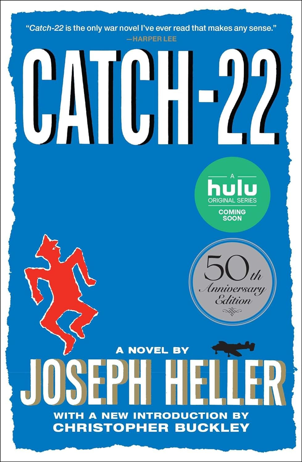 Cover of 'Catch-22: The 50th Anniversary Edition' by Joseph Heller, featuring a red silhouette of a man dancing on a blue background, with text including the title, author's name, and anniversary celebration.
